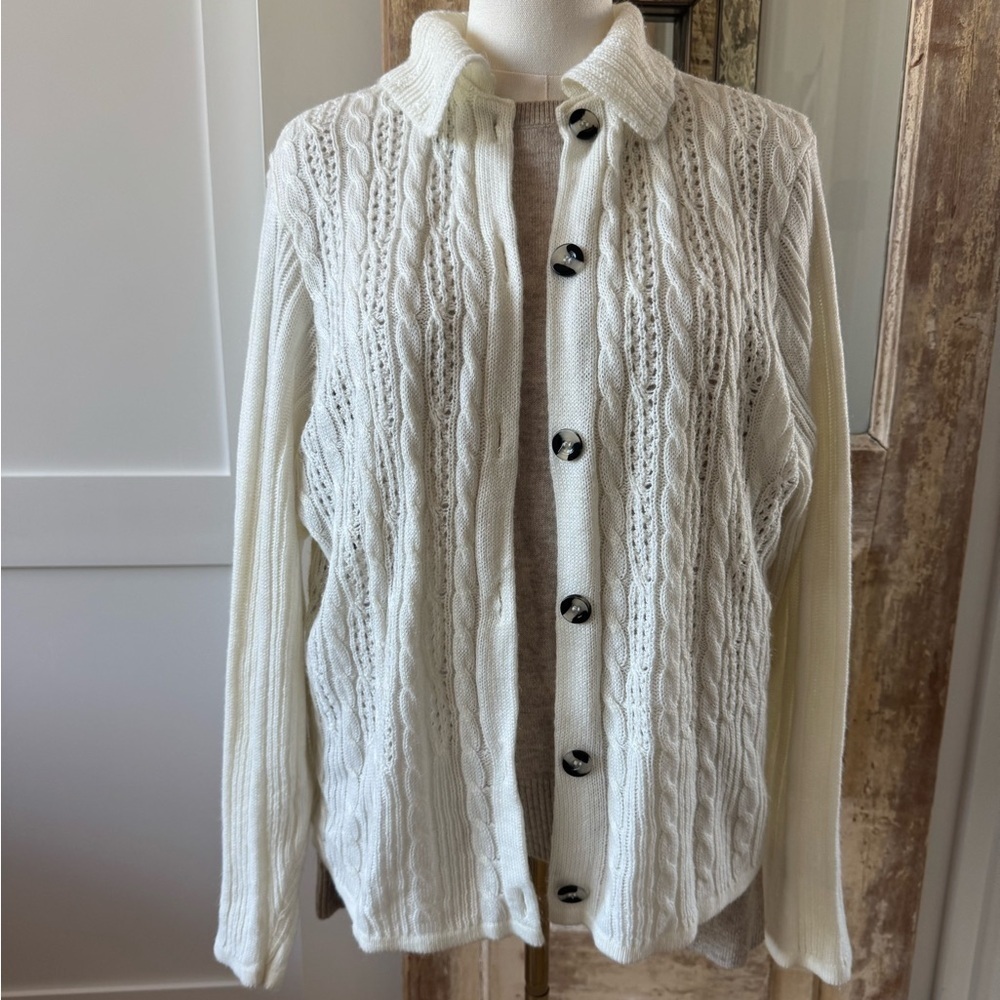 Haband! Size Large Cozy White Cable Knit Button Down Cardigan Sweater Cottage